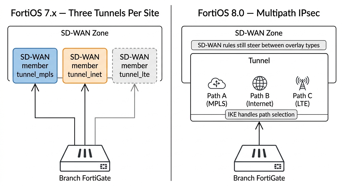 FortiOS 7.x three tunnels per site versus FortiOS 8.0 multipath IPsec single tunnel with multiple paths